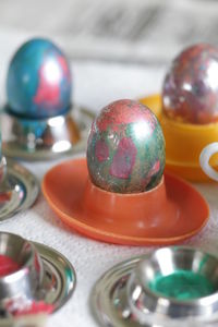 Close-up of colorful easter eggs on table