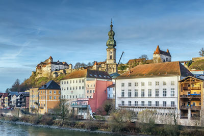 View of burghausen from salzach river, upper bavaria, germany