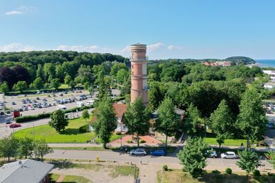 High angle view of factory against sky