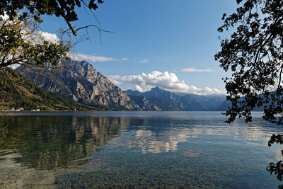 Scenic view of lake and mountains against sky