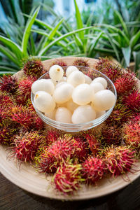 High angle view of fruits in bowl on table