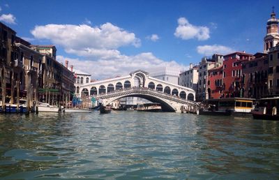 Bridge over river with buildings in background