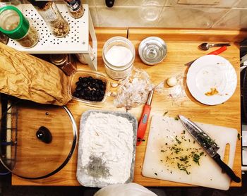High angle view of breakfast on table