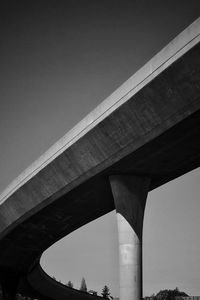 Low angle view of bridge against sky during foggy weather