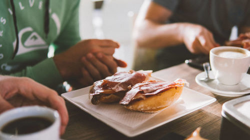 High angle view of breakfast served on table