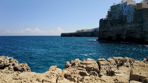 Scenic view of sea against blue sky