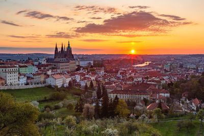 High angle view of townscape against sky during sunset