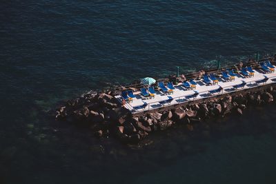 High angle view of people on boat in sea