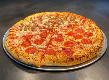 High angle view of pizza on table