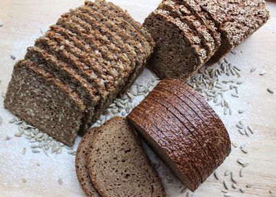 High angle view of fresh baked bread on table