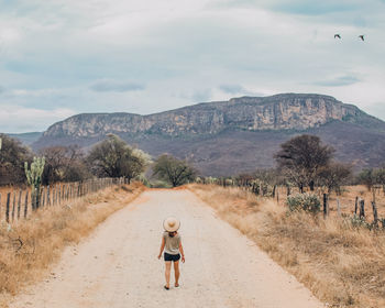 Unidentified tourist walking along a rural road with serra de bom sucesso in the background, bahia,