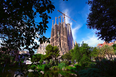 Low angle view of trees and buildings against sky