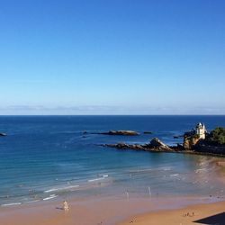 Scenic view of sea against clear blue sky