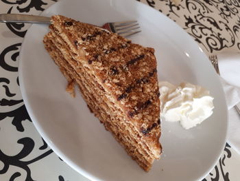 High angle view of cake served in plate