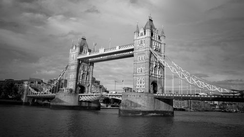 View of bridge over river against cloudy sky