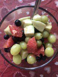 High angle view of fruits in bowl on table