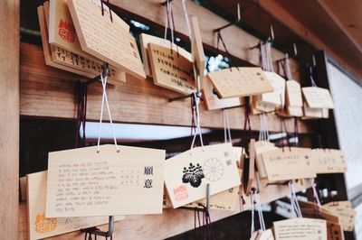 Close-up of text on clothesline