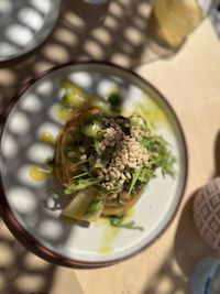 High angle view of food in plate on table