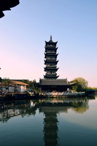 Gazebo in lake by building against clear sky