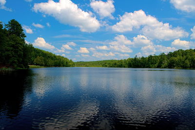 View of calm lake against cloudy sky