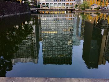 Reflection of buildings in puddle