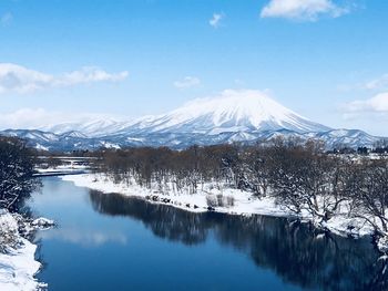 Scenic view of snowcapped mountains against sky during winter