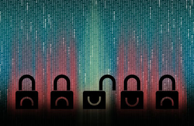 Open padlock among the locked padlocks on binary code information background.