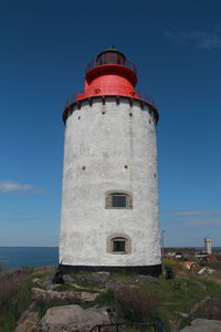 Lighthouse by sea against sky