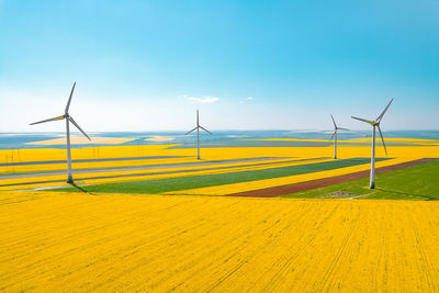 Aerial view of wind turbines farm on agricultural field in summer