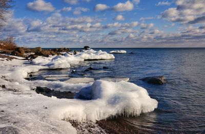 Scenic view of sea against sky during winter