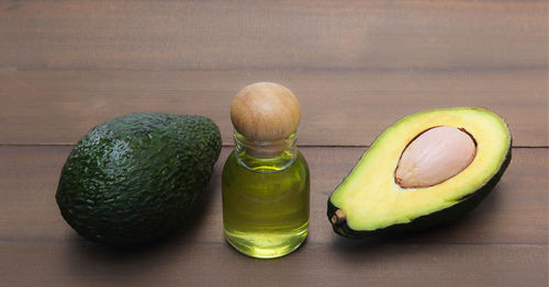 High angle view of green fruits on table