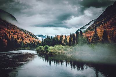 Scenic view of river against cloudy sky