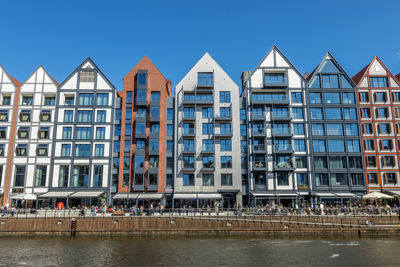 Residential buildings against clear blue sky