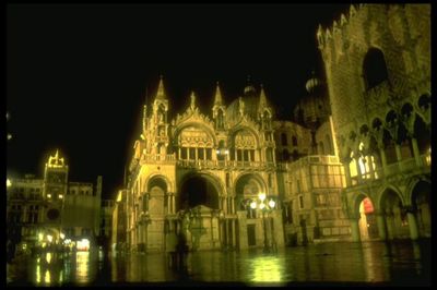 Facade of historic building at night