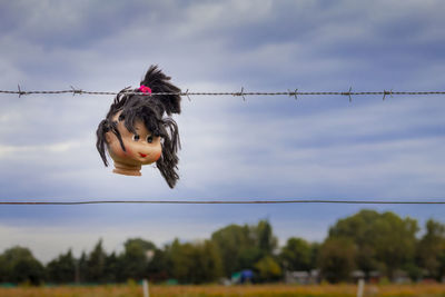 View of birds perching on fence against cloudy sky