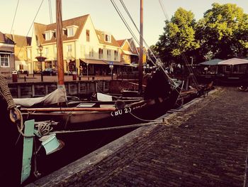 Sailboats moored at harbor against sky