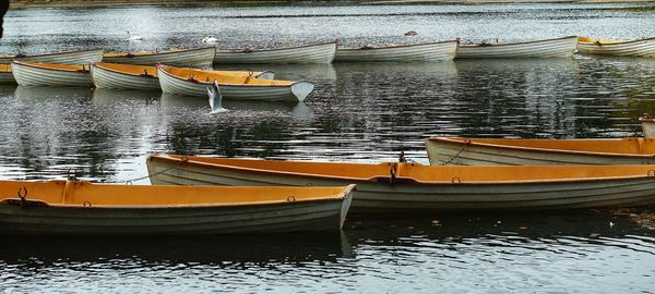 High angle view of fishing boats moored in river