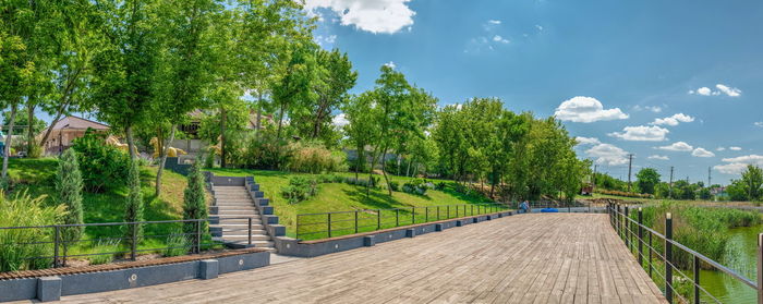 Panoramic view of road amidst trees against sky