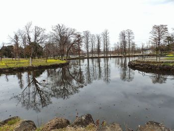 Reflection of trees in lake against sky