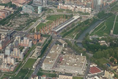 High angle view of buildings in city