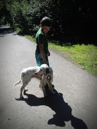 Full length of boy with dog walking on road