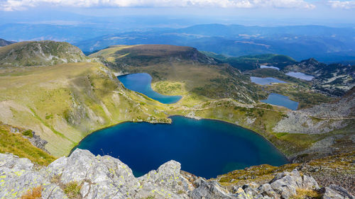 Aerial view of lake and mountains