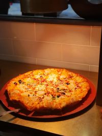 High angle view of pizza on table