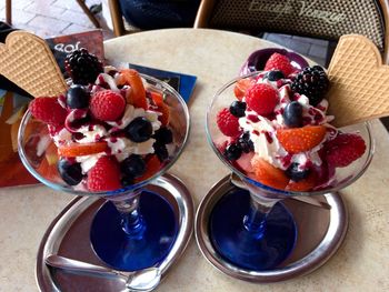 Close-up of ice cream with fruits on table