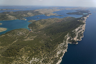 High angle view of bay against clear sky