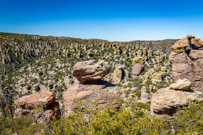 Scenic view of rocky mountains against clear blue sky