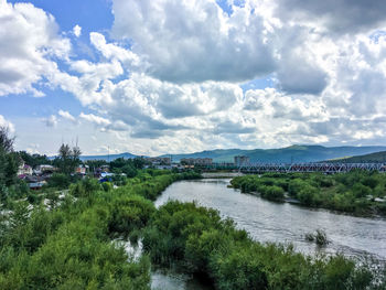 Scenic view of river amidst trees against sky