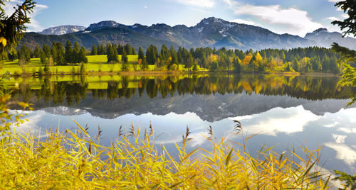 Scenic view of lake and mountains during autumn