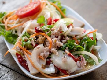 Close-up of salad served in plate on table
