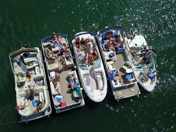 High angle view of boats moored in river